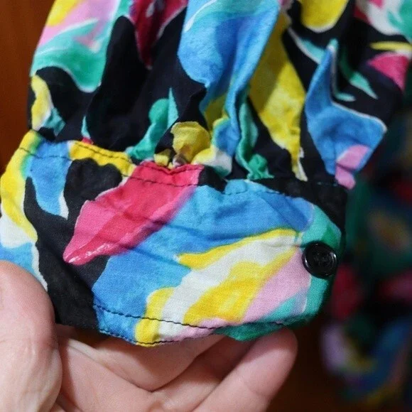 Vintage Beached Crazy Bright Funky Tropical Bold Floral Button Down Shirt LG - Picture 4 of 12